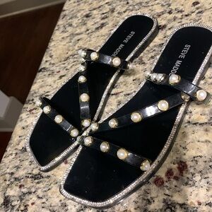 Steve Madden Black Sandals with Pearl and Rhinestone Accents